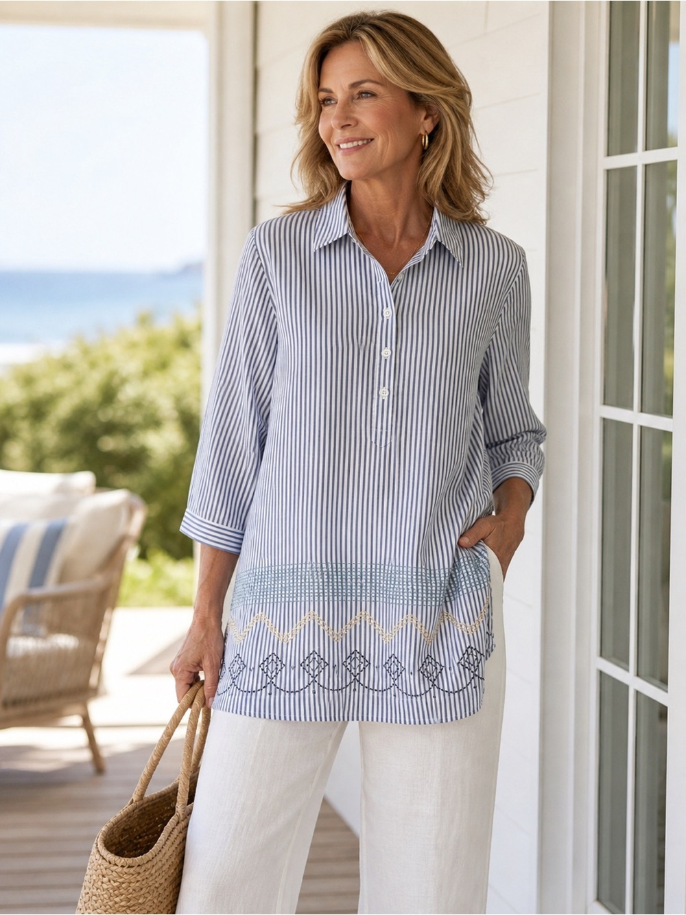 Coldwater Creek Cotton Blue & White Striped Embroidery Henley Shirt Size Large